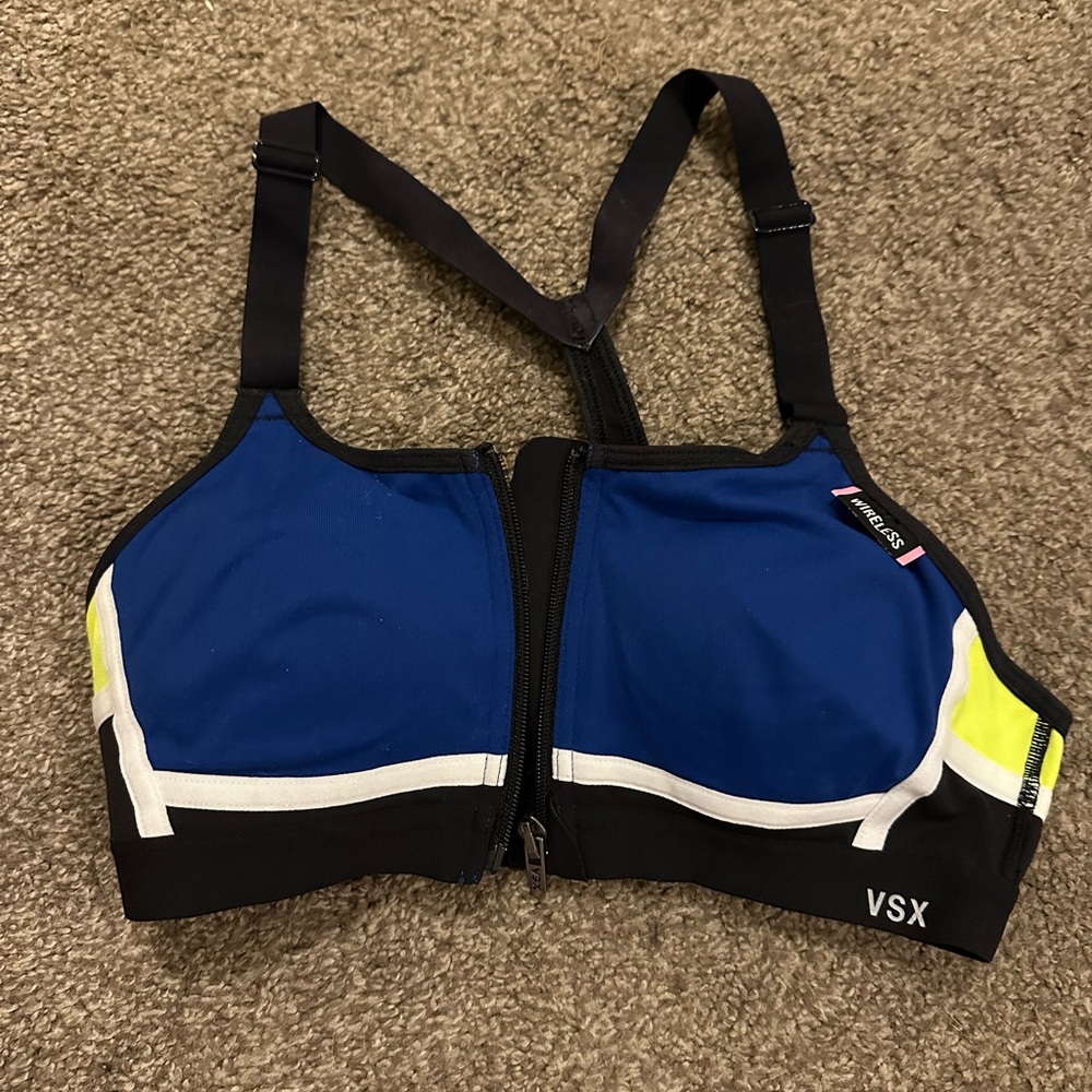 Blue and Yellow Sports Bra with Front Zipper